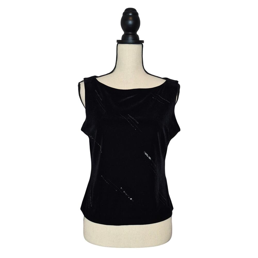 JR Nites by Caliendo Vintage Black Velvet Beaded Sequin Top Boat Neck Size M